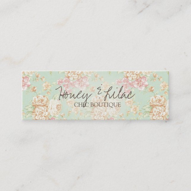 Vintage Floral Teal Hangtag Mini Business Card (Front)