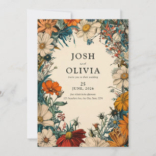 Vintage Floral Teal Orang Beige Wedding Invitation