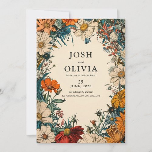 Vintage Floral Teal Orang Beige Wedding Invitation