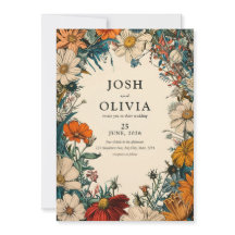 Vintage Floral Teal Orang Beige Wedding Invitation