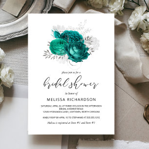 Vintage Floral Teal Silver Bridal Shower Invitation