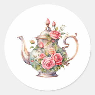 Vintage Floral Teapot with Roses Classic Round Sticker
