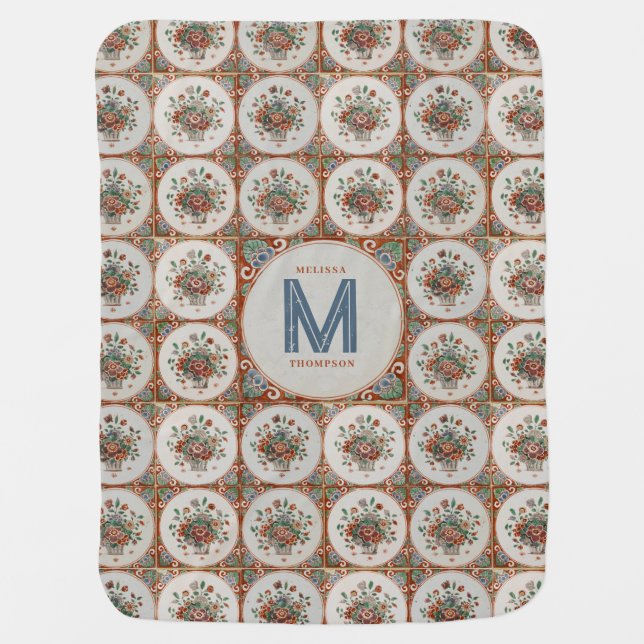 Vintage Floral Terracotta Tiles Monogram  Baby Blanket (Front)