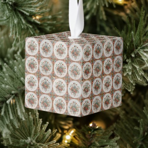 Vintage Floral Terracotta Tiles Pattern Christmas Cube Ornament