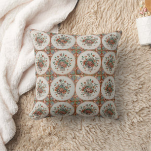 Vintage Floral Terracotta Tiles Pattern Fleece Bla Throw Pillow