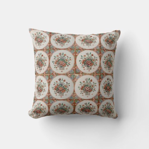 Vintage Floral Terracotta Tiles Pattern Fleece Bla Throw Pillow