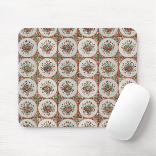 Vintage Floral Terracotta Tiles Pattern Mouse Pad