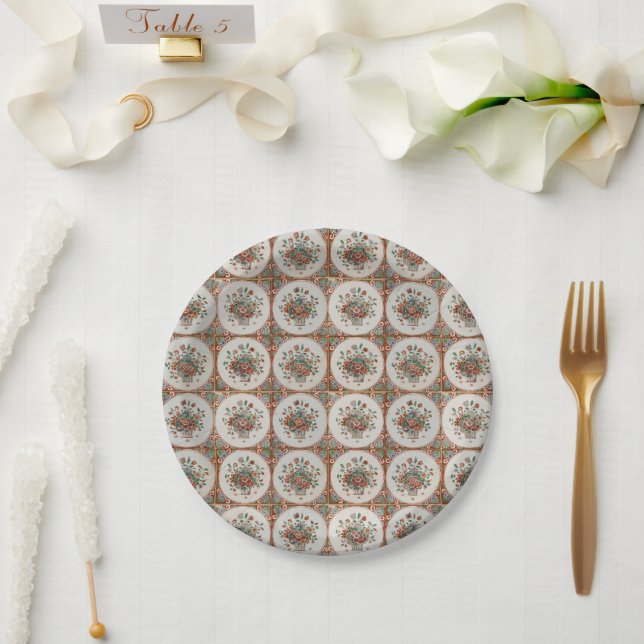 Vintage Floral Terracotta Tiles Pattern Paper Plates (Wedding)