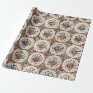 Vintage Floral Terracotta Tiles Pattern Wrapping Paper