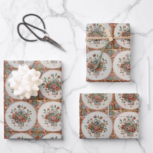 Vintage Floral Terracotta Tiles Pattern Wrapping Paper Sheets