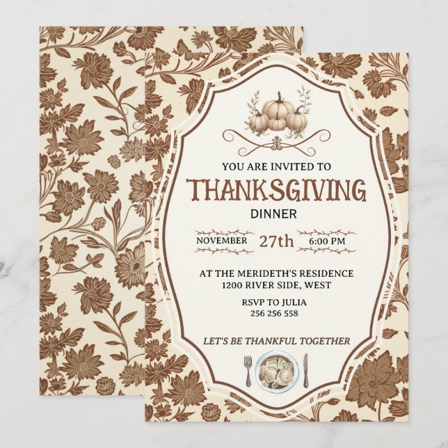 Vintage Floral Thanksgiving Invitation (Front/Back)