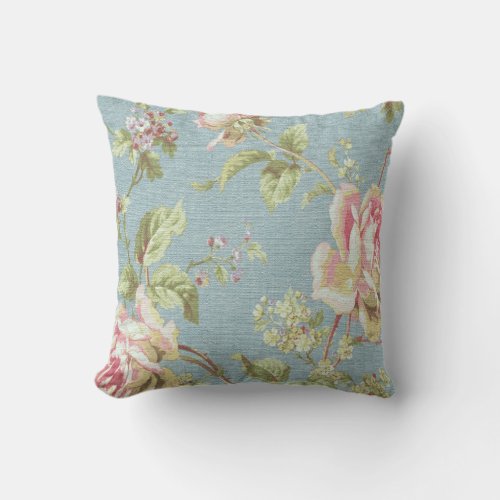 Vintage Floral Throw Pillow_Pink Flowers on Blue Throw Pillow