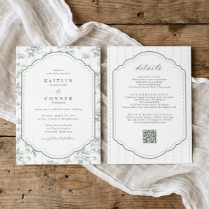 Vintage Floral Toile All in One Sage Green Wedding Invitation