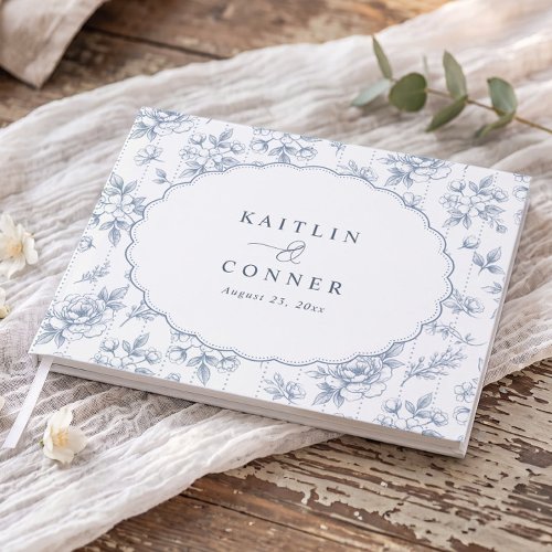 Vintage Floral Toile Dusty Blue Oval Frame Wedding Guest Book