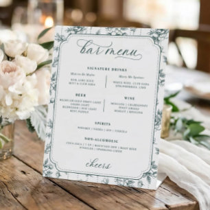 Vintage Floral Toile Emerald Gree Bar Menu Wedding Pedestal Sign