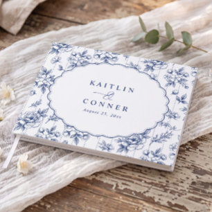 Vintage Floral Toile Navy Blue Oval Frame Wedding Guest Book