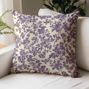 Vintage Floral Toile Pattern Purple Ivory Throw Pillow