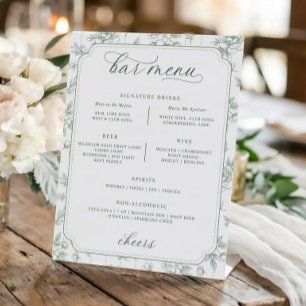 Vintage Floral Toile Sage Bar Menu Wedding Pedestal Sign