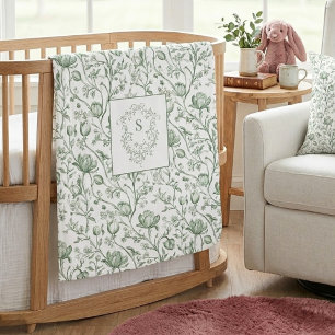 Vintage Floral Toile Sage Green Monogram Crest Baby Blanket