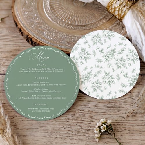 Vintage Floral Toile Sage Green Round Wedding Menu