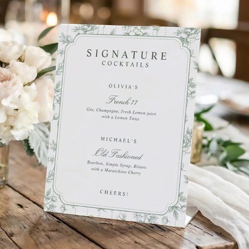 Vintage Floral Toile Sage Signature Drinks Wedding Pedestal Sign