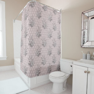 Vintage Floral Toile Shower Curtain in Blush Pink