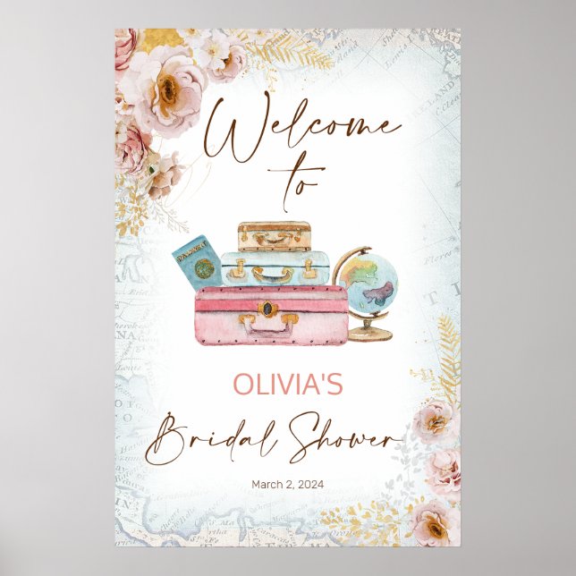 Vintage Floral Traveling Bridal Shower Welcome Poster (Front)