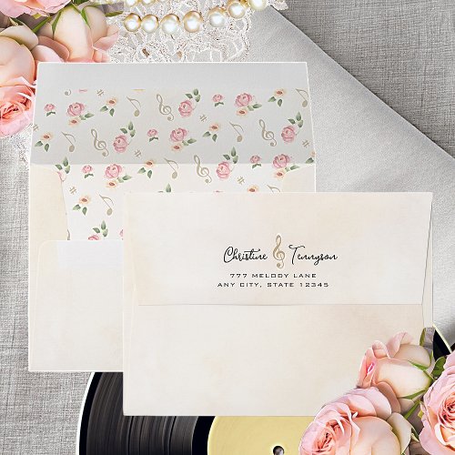 Vintage Floral Treble Clef Return Address Wedding Envelope