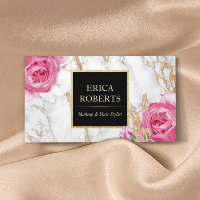 Vintage Floral Trendy Gold Marble Makeup Artist Business Card | Zazzle