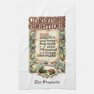 Vintage Floral Typography Christmas Greetings Poem Kitchen Towel