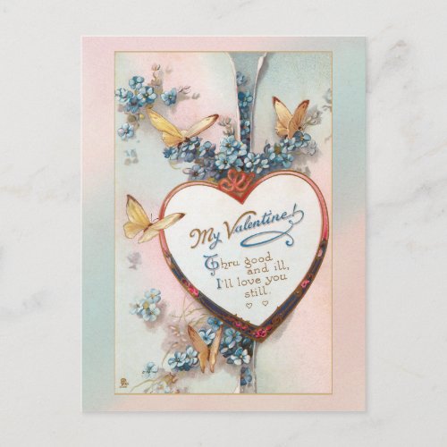 Vintage Floral Valentine  Heart and Butterflies Postcard