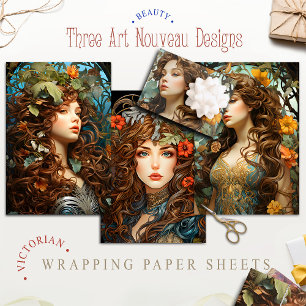Vintage Floral Victorian Goddess Art Nouveau Wrapping Paper Sheets