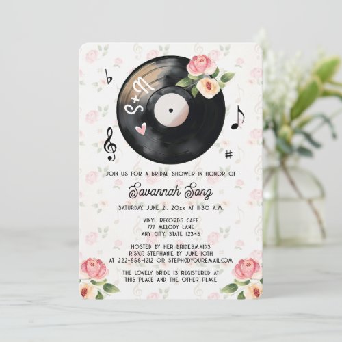 Vintage Floral Vinyl Record Bridal Shower Invitation