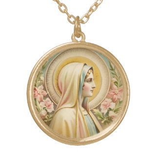 Vintage Floral Virgin Mary Necklace, Catholic Gold Plated Necklace