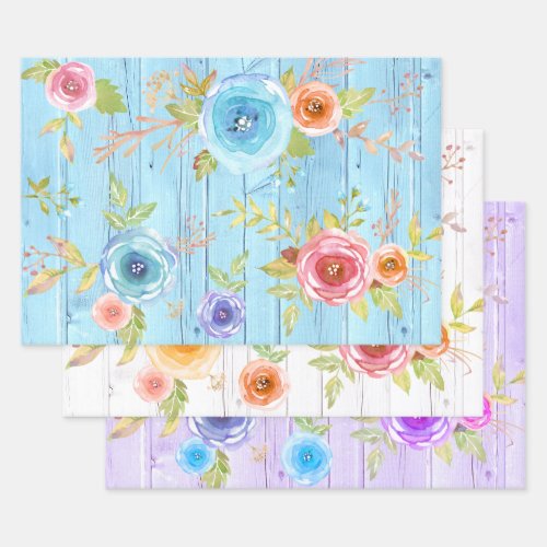 Vintage floral watercolor blue country rustic wood wrapping paper sheets