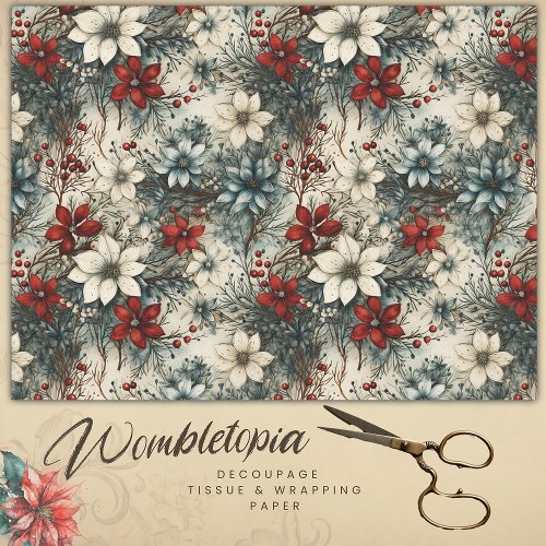 Vintage Floral Watercolor Christmas Poinsettia Tissue Paper