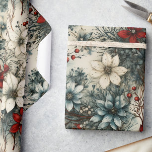 Vintage Floral Watercolor Christmas Poinsettia Wrapping Paper