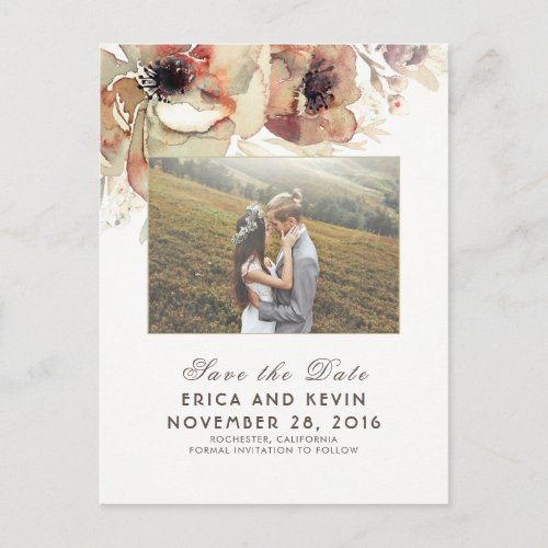 Vintage Floral Watercolor Fall Save the Date Announcement Postcard - Fall photo save the date postcards with vintage shabby watercolor flowers