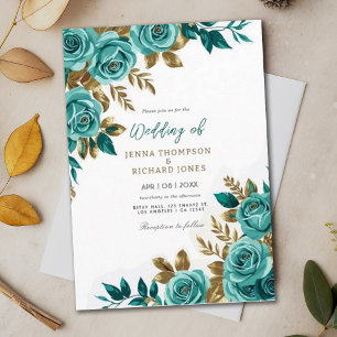 Vintage Floral Watercolor Gold Teal Wedding Invitation