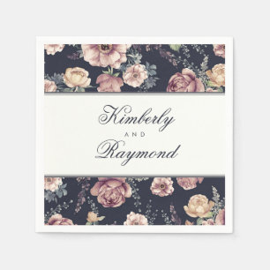 Vintage Floral Watercolor Navy Blue and Mauve Napkins