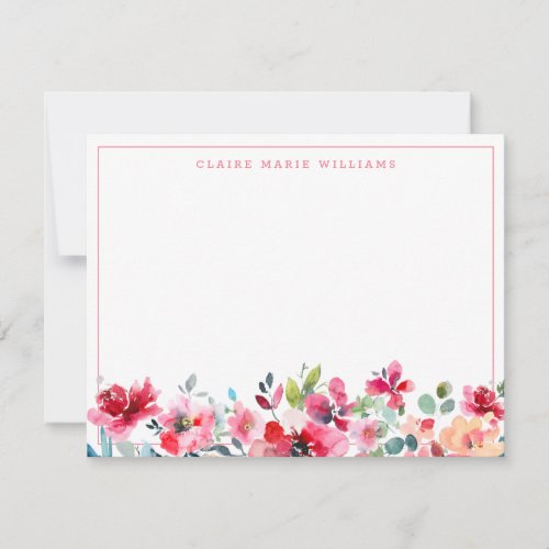 Vintage Floral Watercolor Pink Burgundy Border Note Card