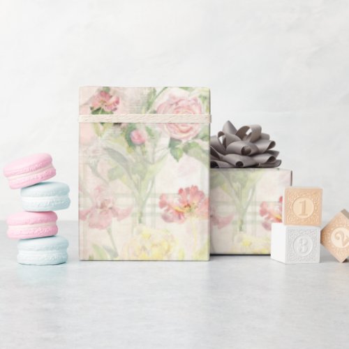 Vintage Floral Watercolor Pink Flowers Collage Art Wrapping Paper