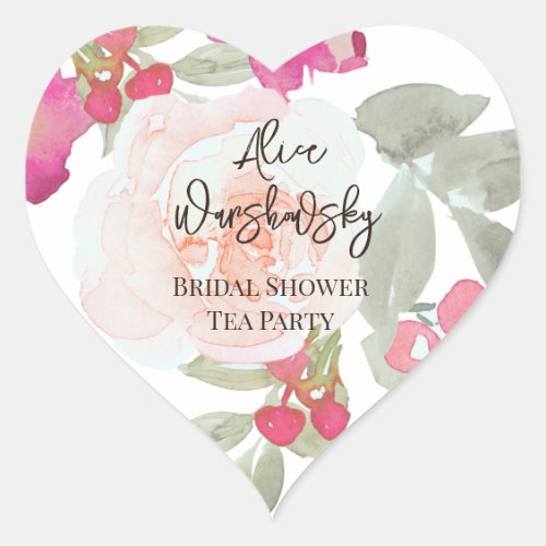 Vintage Floral Watercolor Pink Girl baby shower  Heart Sticker