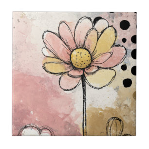 Vintage Floral Watercolor Polka Dot Art (2) Ceramic Tile