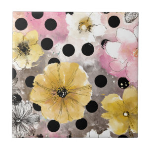 Vintage Floral Watercolor Polka Dot Art (3) Ceramic Tile