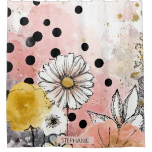Vintage Floral Watercolor Polka Dot Art Shower Curtain