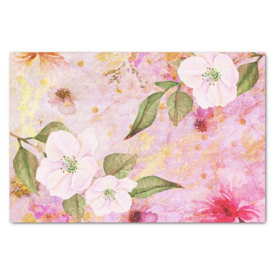 Vintage floral watercolor & script on pink & gold tissue paper