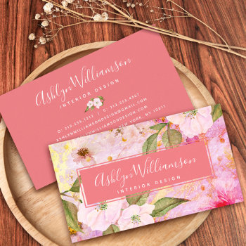 Vintage Floral Watercolor Script  Peach Pink Gold Business Card by Luceworks at Zazzle