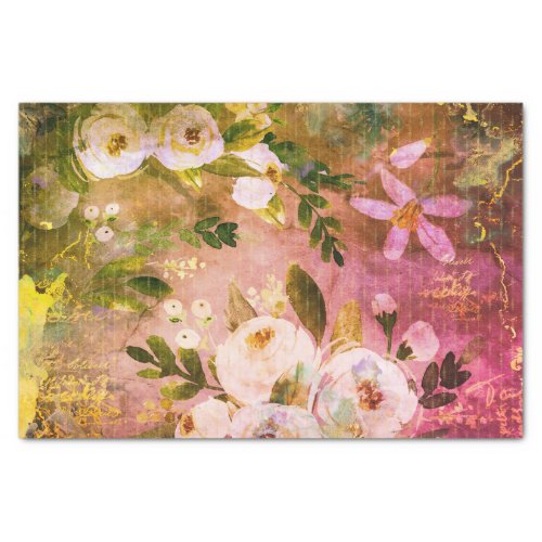 Vintage floral watercolor script pink ombre gold tissue paper