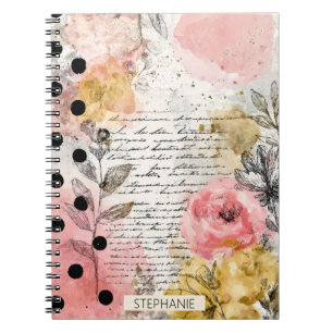 Vintage Floral Watercolor Script Polka Dot Art (5) Notebook